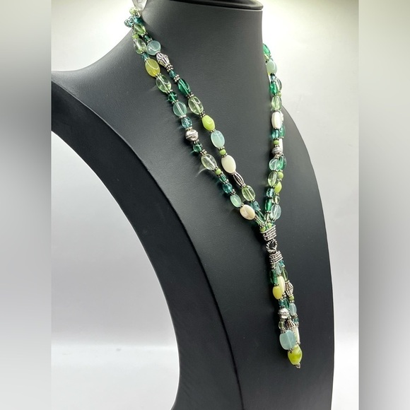 Napier Silver Tone Beaded Necklace Blue Green White Beads Lariat Style Necklace - Picture 2 of 11